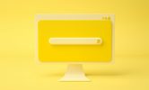 Search bar webpage on cartoon computer screen, yellow background. 3d render